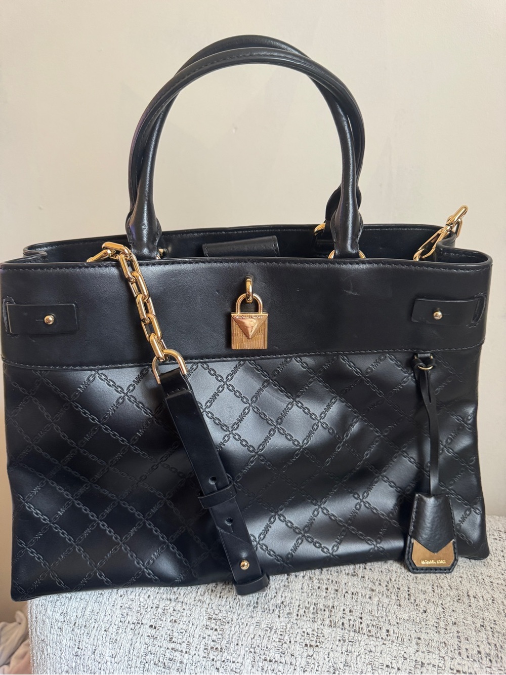 Black Quilted Tote Bag with Gold Hardware